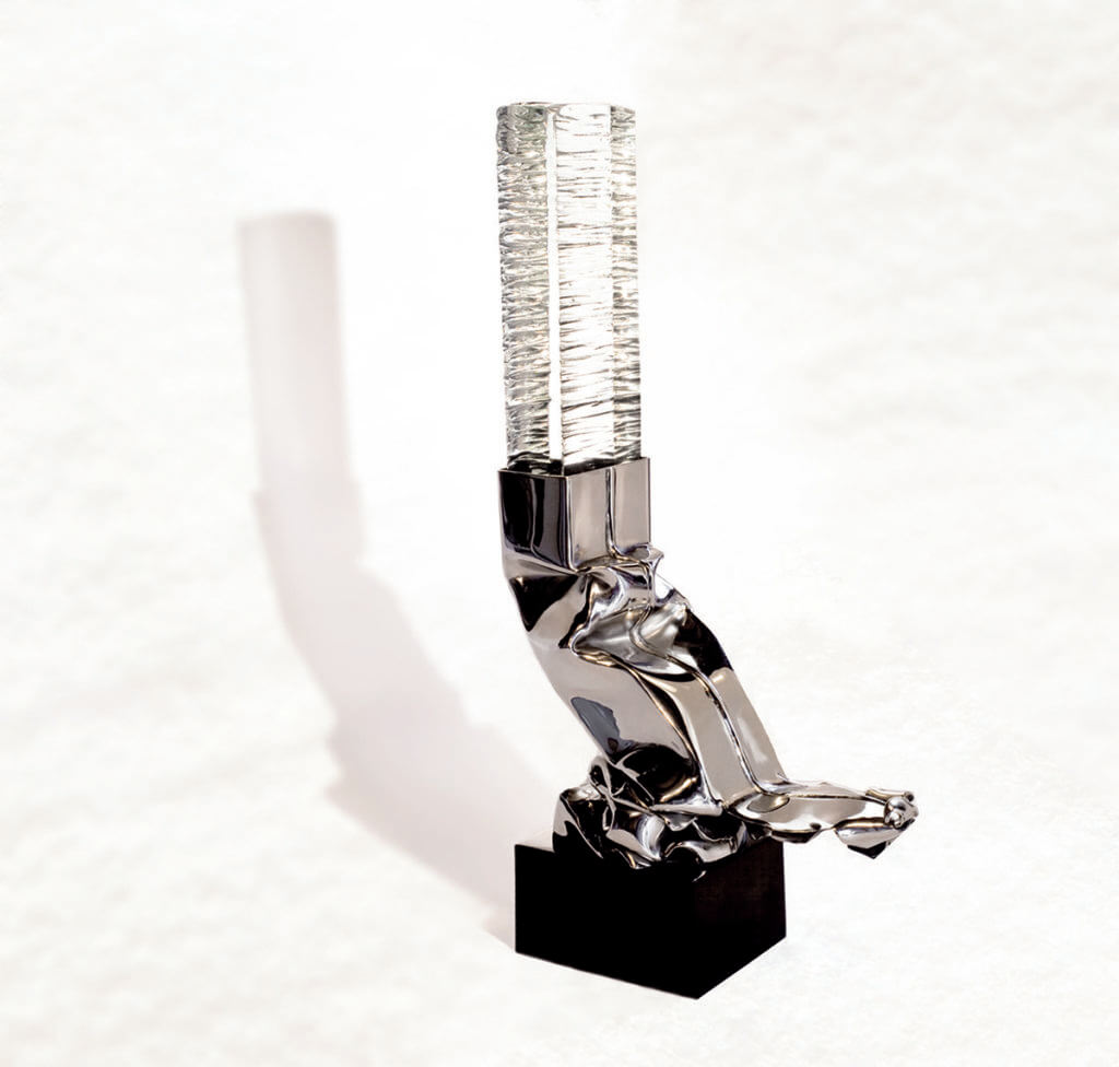Photo sculpture Feu animal. Verre, inox, marbre – 36 x 18 x 9 cm