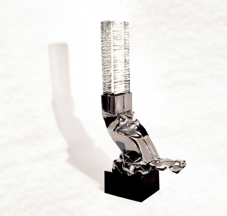 Photo sculpture Feu animal. Verre, inox, marbre – 36 x 18 x 9 cm