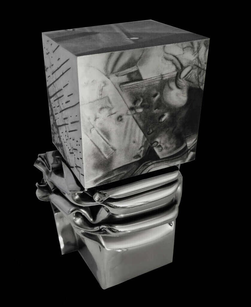 Photo sculpture Etre soi-même 2. Inox, huile sur bois- 23 x 14 x 11 cm