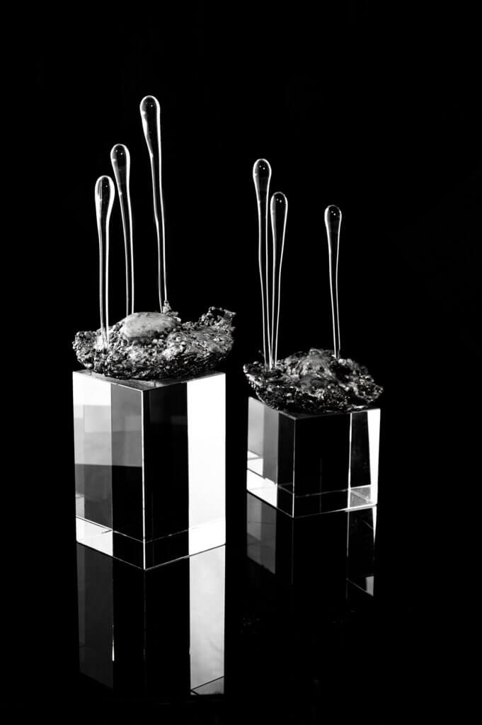 Photo sculpture Larmes cosmiques 1 et 2. Acier, cristal, verre – 1- 20 x 8 x 7 cm 2- 17,5 x 8 x 7 cm